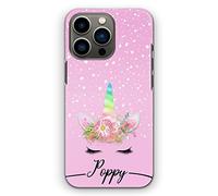 Personalised Initials Phone Case For Apple iPhones, 16, 15, 14,13, 12, 11, Pro Max, Mini, XR, SE Black Name and Unicorn on White Spot Pink Fade Print Hard Phone Cover, Unicorn Case