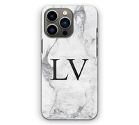Personalised Initials Phone Case For Apple iPhones, 16, 15, 14,13, 12, 11, Pro Max, Mini, XR, SE Hard Cover, Grey Marble Phone Case with Black Monogram
