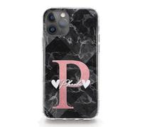 Personalised Initials Phone Case For Apple iPhones, 16, 15, 14,13, 12, 11, Pro Max, Mini, XR, SE Pink Initial, White Love Hearts Name on Grey Black Diamond Marble Hard Phone Cover, Marble Phone Case