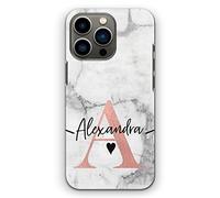 Personalised Initials Phone Case For Apple iPhones, 16, 15, 14,13, 12, 11, Pro Max, Mini, XR, SE White and Grey Marble with Custom Pink Initial and Black Heart Name, Marble Print Hard Phone Cover