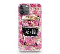 Personalised Initials Phone Case For Apple iPhones, 16, 15, SE, 14, 13, 12, 11 Pro Max, Mini, Plus, Samsung S23, S24, S25 Gel Case Compatible with MagSafe, White Heart Name Pink Floral Coffee Cup