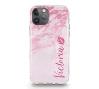 Personalised Initials Phone Case For Apple iPhones, 16, 15, SE, 14, 13, 12, 11 Pro Max, Mini, Plus, Samsung S23, S24, S25 Gel Case Compatible with MagSafe, Pink Grain Pattern Phone Case with Name Kiss