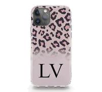 Personalised Initials Phone Case For Huawei P Phones, P Smart, P9, P20, P30, P40 Pro, Lite, Black Monogram, Initials on Pink Nude Leopard Print Hard Phone Cover