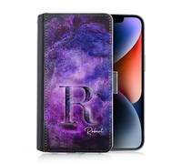 Personalised Initials Phone Case For Huawei P Phones, P Smart, P9, P20, P30, P40 Pro, Lite, Custom PU Leather Flip Phone Cover, Purple Star Galaxy Phone Case with Name, Initial Phone Case