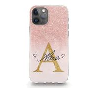 Personalised Initials Phone Case For Huawei P Phones, P Smart, P9, P20, P30, P40 Pro, Lite, Pink Pattern Fade Print with Custom Yellow Initial and 2 Heart Name, Marble Print Hard Phone Cover