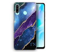 Personalised Initials Phone Case For Huawei Phones, Nova 5T, Mate 30,10, 20 Pro, Lite, Honor 8, 9, Custom Plastic Hard Phone Cover, Blue Corner Monogram Initials Purple Blue Star Galaxy Phone Case