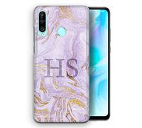 Personalised Initials Phone Case for Huawei Y Series (Y6s, Y6, Y7, Y9, Y3) - Custom Plastic Hard Cover, Grey Initial Purple Lilac Marble Design