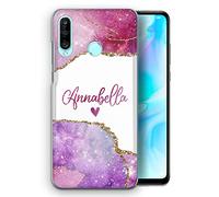 Personalised Initials Phone Case for Huawei Y Series (Y6s, Y6, Y7, Y9, Y3) - Custom Plastic Hard Cover With Pink Heart Name, Pink Purple Marble Design