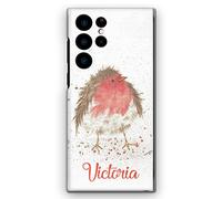 Personalised Initials Phone Case For Samsung Galaxy Phones, S25, S24, S23, S22, S21, S20 FE, Plus, Ultra, S10, S9, Watercolour Art Print, Robin with Red Name/Text on Hard Phone Cover