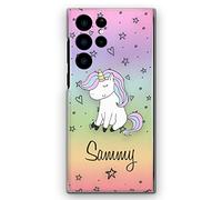 Personalised Initials Phone Case For Samsung Galaxy Phones, S25, S24, S23, S22, S21, S20 FE, Plus, Ultra, S10, S9, Name Unicorn on Heart & Star Rainbow Print Hard Phone Cover, Unicorn Case