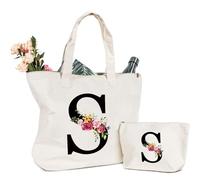 Personalised Initials Women's Canvas Bag, Shopper Bag with Letters and Flowers Cotton Canvas Bag, Cosmetic Bag for Bride Bridesmaid, Gift Idea for Women, Mothers, Birthdays, Wedding(S)