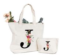 Personalised Initials Women's Canvas Bag, Shopper with Letters and Flowers Cotton Canvas, Cosmetic for Bride Bridesmaid, Gift Idea for Mom, Birthday, Wedding(J)
