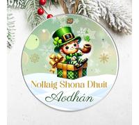 Personalised Irish Nollaig Shona Duit Christmas Hanging Bauble Festive Bow Clover Hat Leprechaun Designs for Family Friends MDF Acrylic Decoration (Leprechaun, Acrylic - Indoor & Outdoor use)