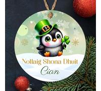 Personalised Irish Nollaig Shona Duit Christmas Hanging Bauble Festive Bow Clover Hat Leprechaun Designs for Family Friends MDF Acrylic Decoration (Penguin, MDF Wood - Indoor use only)