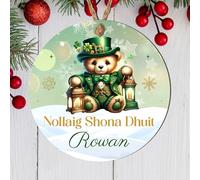 Personalised Irish Nollaig Shona Duit Christmas Hanging Bauble Festive Bow Clover Hat Leprechaun Designs for Family Friends MDF Acrylic Decoration (Teddy, MDF Wood - Indoor use only)