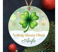 Personalised Irish Nollaig Shona Duit Christmas Hanging Bauble Festive Bow Clover Hat Leprechaun Designs for Family Friends MDF Acrylic Decoration (Clover, MDF Wood - Indoor use only)