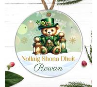 Personalised Irish Nollaig Shona Duit Christmas Hanging Bauble Festive Bow Clover Hat Leprechaun Designs for Family Friends MDF Acrylic Decoration (Teddy, Acrylic - Indoor & Outdoor use)