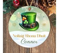 Personalised Irish Nollaig Shona Duit Christmas Hanging Bauble Festive Bow Clover Hat Leprechaun Designs for Family Friends MDF Acrylic Decoration (Hat, MDF Wood - Indoor use only)