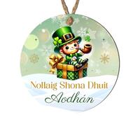 Personalised Irish Nollaig Shona Duit Christmas Hanging Bauble Festive Bow Clover Hat Leprechaun Designs for Family Friends MDF Acrylic Decoration (Leprechaun, MDF Wood - Indoor use only)