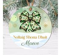 Personalised Irish Nollaig Shona Duit Christmas Hanging Bauble Festive Bow Clover Hat Leprechaun Designs for Family Friends MDF Acrylic Decoration (Bow, MDF Wood - Indoor use only)