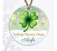Personalised Irish Nollaig Shona Duit Christmas Hanging Bauble Festive Bow Clover Hat Leprechaun Designs for Family Friends MDF Acrylic Decoration (Clover, Acrylic - Indoor & Outdoor use)