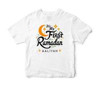 Personalised Its My First Ramadan Baby T Shirt for Girls Islamic Half Crest Moon 1st Eid Keepsake Toddler Tee, 3-6 Months, White