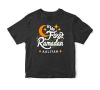 Personalised Its My First Ramadan Baby T Shirt for Girls Islamic Half Crest Moon 1st Eid Keepsake Toddler Tee, 12-18 Months, Black