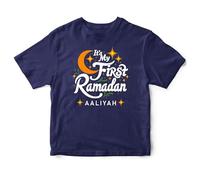 Personalised Its My First Ramadan Baby T Shirt for Girls Islamic Half Crest Moon 1st Eid Keepsake Toddler Tee, 6-12 Months, Navy