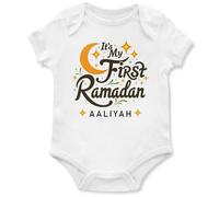 Personalised Its My First Ramadan Babygrow for Girls Islamic Half Crest Moon 1st Eid Keepsake Babies Vest, 3-6 Months, White