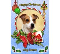 Personalised Jack Russell Dog Christmas Card (Blue, Happy Christmas, Any Name)