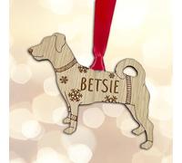 Personalised Jack Russell Dog Christmas Tree Bauble Decoration, Wearing a Dog Jumper Design with Snowflakes, Customised Puppy Hanging Ornament, Oak Veneer Wood with Red Ribbon