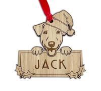 Personalised Jack Russell Dog Christmas Tree Bauble, Peeking Design, 9.5W x 9H cm, Oak Veneer Wood Decoration with Red Ribbon (Decoration Only)