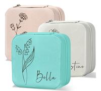 Personalised Jewellery Box for Women Bridesmaid Gift Travel Jewellery Box with Engraved Birth Flower Leather Jewellery Organiser Custom Bridesmaid Gifts for Bridesmaides Her Girls (Blue)
