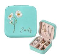 Personalised Jewellery Box Gifts for Women Travel Jewellery Box Birth Flower Leather Jewellery Organiser for Birthday Wedding Custom Gifts for Christmas Her Daughter Bridesmaid (Blue, Design 2)