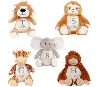 Personalised Jungle Animal with Initial and Name Soft Toy for Baby, Toddler, Child, Kids, Babies Safari Animal Shower Birthday Christening Christmas Birth Memory Keepsake - Brown Sloth Name Under