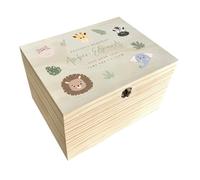 Personalised Jungle Animals Baby Keepsake Box | First Memories Gift Box for Newborns | Custom Name and Date | Pine Wood with Metal Hinges & Clasp | W20cm x D15cm x H11cm