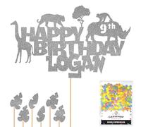 Personalised Jungle Animals Glitter Cake Topper Dk Silver Any Custom Age & Name Glitter Cake Decoration and Sprinkles - Happy Birthday Decorations - Personalised Toppers for Cakes by Cakeshop