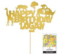 Personalised Jungle Animals Glitter Cake Topper- Gold Any Custom Age & Name Glitter Cake Decoration and Sprinkles - Happy Birthday Decorations - Personalised Toppers for Cakes by Cakeshop