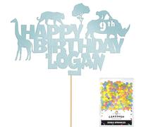Personalised Jungle Animals Glitter Cake Topper Lt Blue Any Custom Age & Name Glitter Cake Decoration and Sprinkles - Happy Birthday Decorations - Personalised Toppers for Cakes by Cakeshop