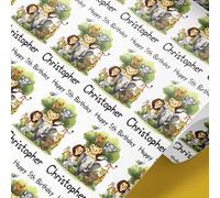 Personalised Jungle Animals Wrapping Paper | Custom Safari Animal Gift Wrap for Kids | Monkey, Lion, Elephant Design | 61cm Wide Rolls | Birthday & Baby Shower Present Wrap with Name & Age