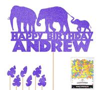 Personalised Jungle Elephant Glitter Cake Topper- Blue Any Custom Age & Name Glitter Cake Decoration and Sprinkles - Happy Birthday Decorations - Personalised Toppers for Cakes by Cakeshop