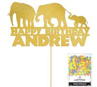 Personalised Jungle Elephant Glitter Cake Topper- Gold Any Custom Age & Name Glitter Cake Decoration and Sprinkles - Happy Birthday Decorations - Personalised Toppers for Cakes by Cakeshop