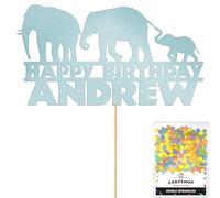 Personalised Jungle Elephant Glitter Cake Topper Lt Blue Any Custom Age & Name Glitter Cake Decoration and Sprinkles - Happy Birthday Decorations - Personalised Toppers for Cakes by Cakeshop