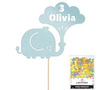 Personalised Jungle Elephant Glitter Cake Topper Lt Blue Any Custom Age & Name Glitter Cake Decoration and Sprinkles - Happy Birthday Decorations - Personalised Toppers for Cakes by Cakeshop