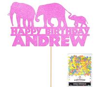 Personalised Jungle Elephant Glitter Cake Topper Lt Pink Any Custom Age & Name Glitter Cake Decoration and Sprinkles - Happy Birthday Decorations - Personalised Toppers for Cakes by Cakeshop