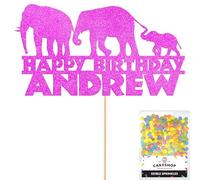 Personalised Jungle Elephant Glitter Cake Topper- Pink Any Custom Age & Name Glitter Cake Decoration and Sprinkles - Happy Birthday Decorations - Personalised Toppers for Cakes by Cakeshop