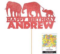 Personalised Jungle Elephant Glitter Cake Topper- Red Any Custom Age & Name Glitter Cake Decoration and Sprinkles - Happy Birthday Decorations - Personalised Toppers for Cakes by Cakeshop