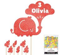 Personalised Jungle Elephant Glitter Cake Topper- Red Any Custom Age & Name Glitter Cake Decoration and Sprinkles - Happy Birthday Decorations - Personalised Toppers for Cakes by Cakeshop