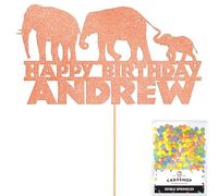 Personalised Jungle Elephant Glitter Cake Topper Rose Gold Any Custom Age & Name Glitter Cake Decoration and Sprinkles - Happy Birthday Decorations - Personalised Toppers for Cakes by Cakeshop