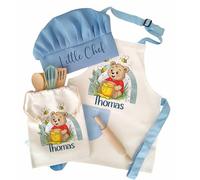 Personalised Junior Apron and Chef Hat Set - Custom Name Childrens Baking Tabard with Drawstring Bag - Blue Bear & Bees Kitchen Cooking Wear for Boys & Girls - Toddler Craft & Messy Play Coverall